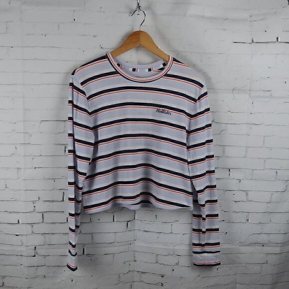 HOLLISTER LONG SLEEVE ROUND NECK BLUE ORANGE & WHITE STRIPE CROP T SHIRT SIZE M - Picture 1 of 7